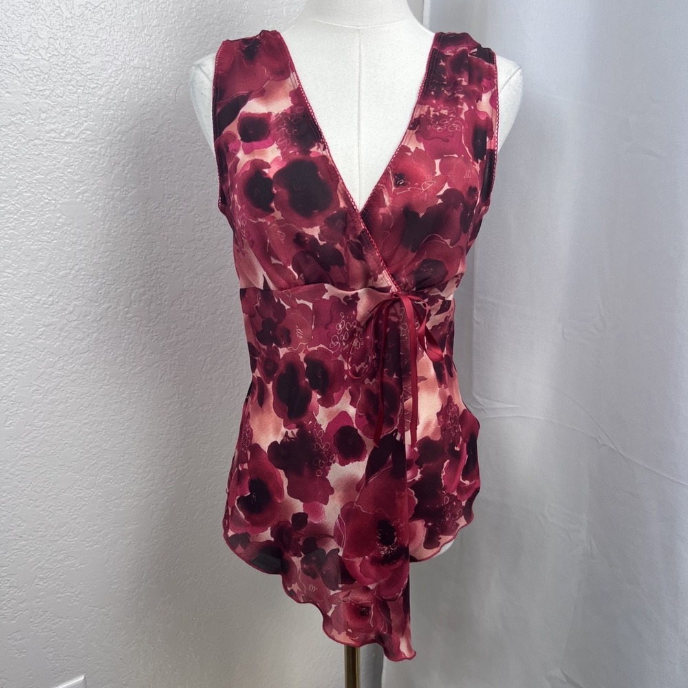 Vintage Y2K Babydoll Top Womens Large Red Sheer Floral Wrap Fairy Coquette Boho